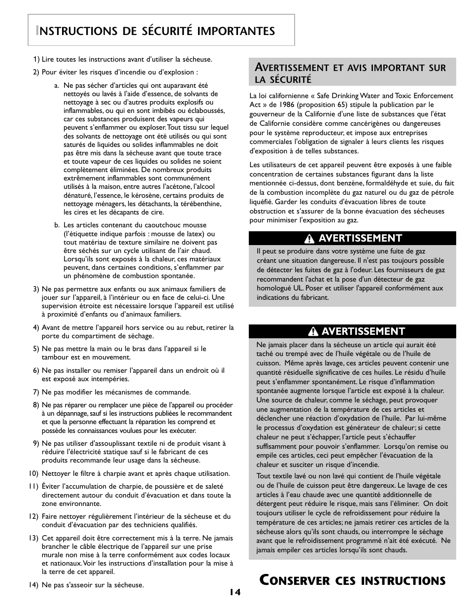 Onserver ces instructions, Nstructions de sécurité importantes, Avertissement | Maytag MD 68 User Manual | Page 15 / 36