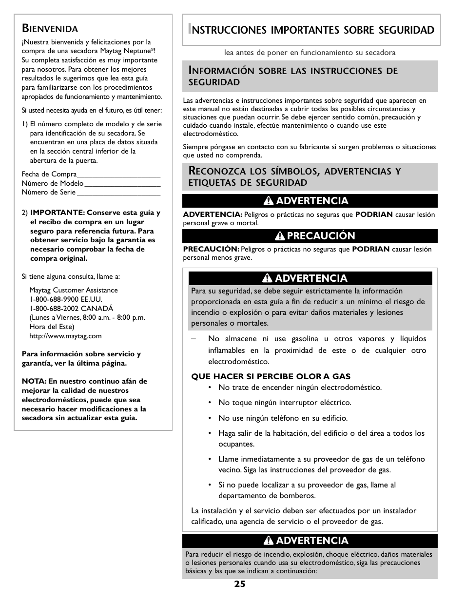 Nstrucciones importantes sobre seguridad, Advertencia, Precaución advertencia | Maytag MD 68 User Manual | Page 26 / 36