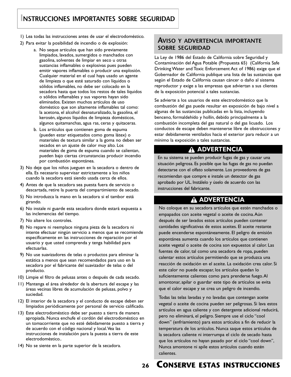 Onserve estas instrucciones, Nstrucciones importantes sobre seguridad, Advertencia | Maytag MD 68 User Manual | Page 27 / 36