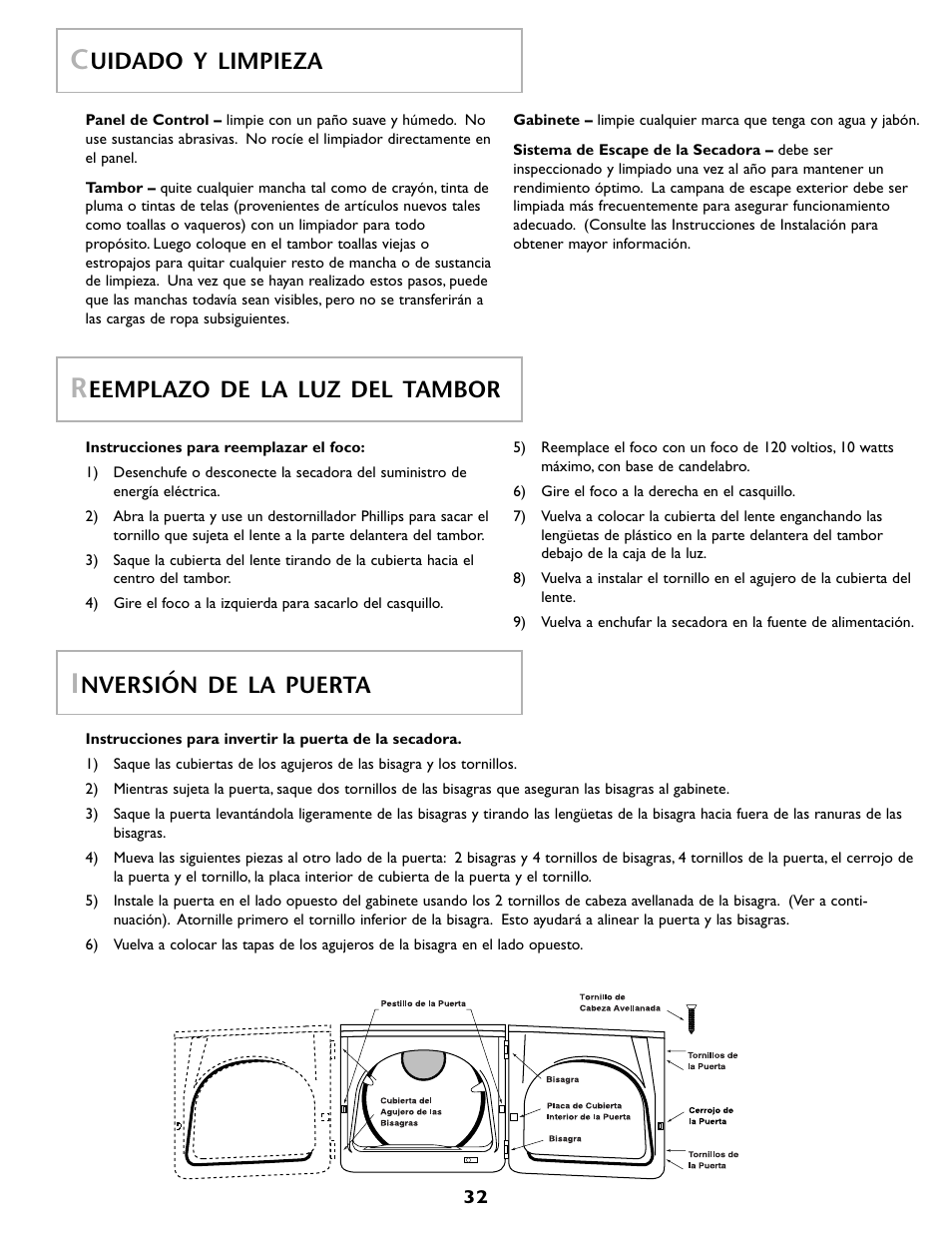 Uidado y limpieza, Eemplazo de la luz del tambor, Nversión de la puerta | Maytag MD 68 User Manual | Page 33 / 36