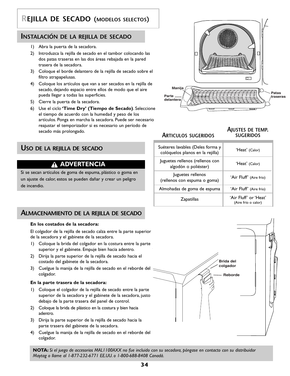 Ejilla de secado, Advertencia | Maytag MD 68 User Manual | Page 35 / 36