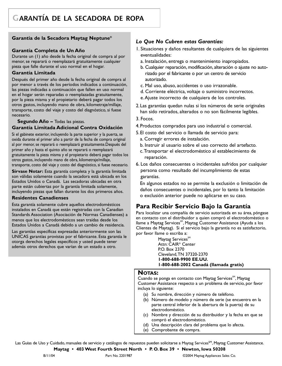 Arantía de la secadora de ropa, Para recibir servicio bajo la garantía | Maytag MD 68 User Manual | Page 36 / 36