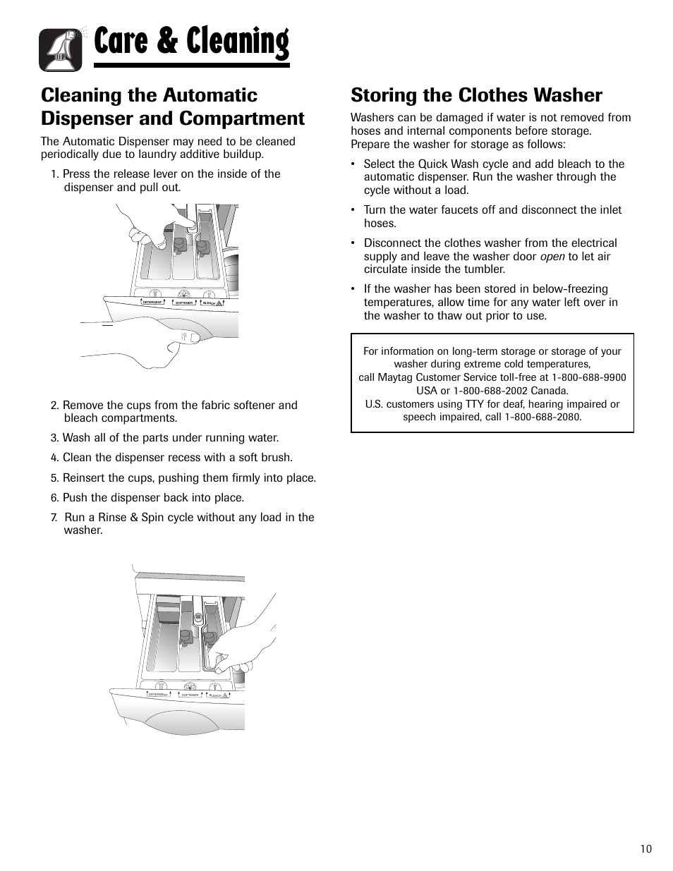 Care & cleaning, Cleaning the automatic dispenser and compartment, Storing the clothes washer | Maytag MAH-24 User Manual | Page 11 / 48