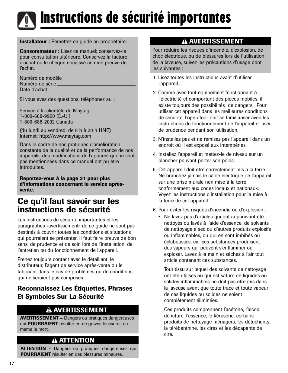 Instructions de sécurité importantes | Maytag MAH-24 User Manual | Page 18 / 48