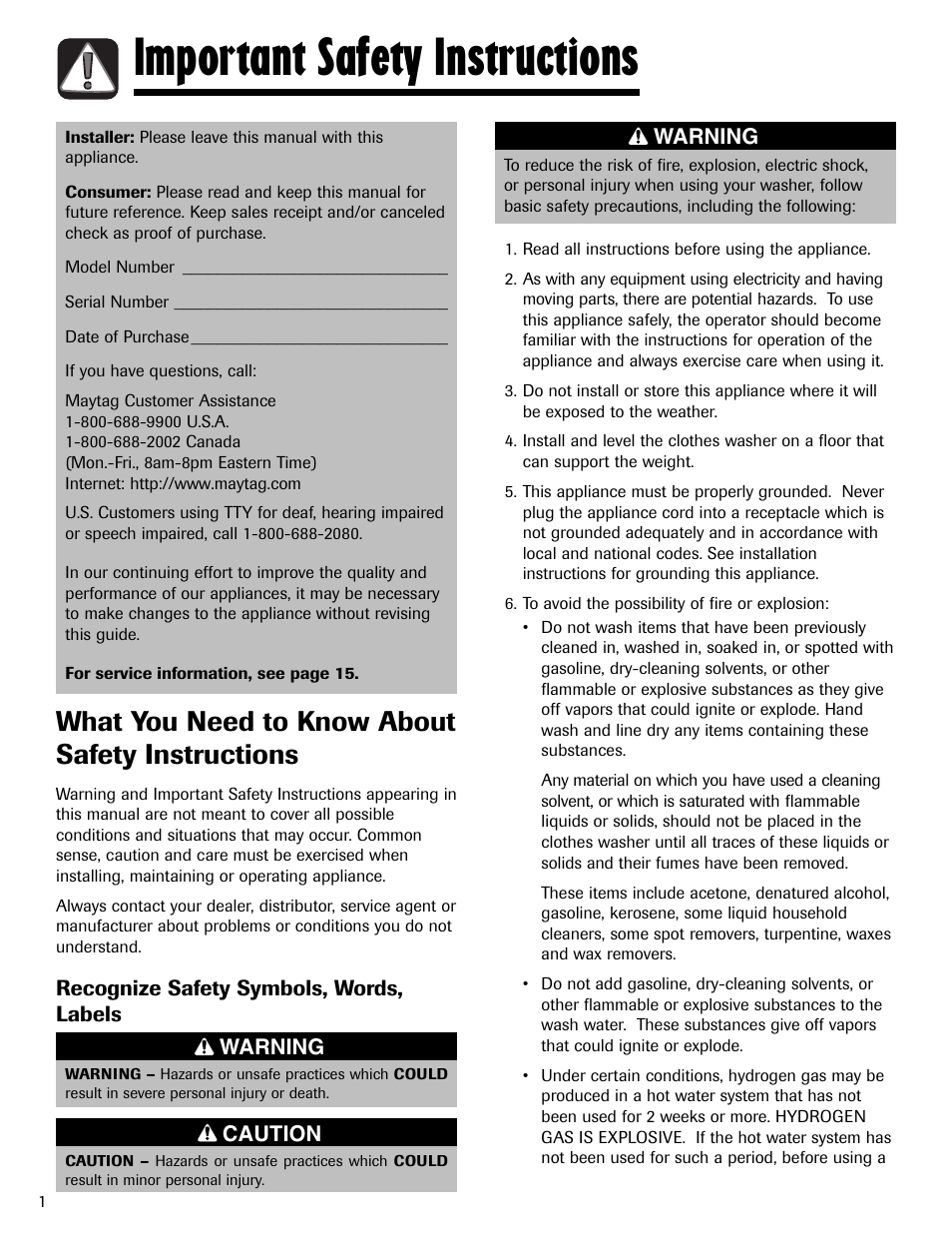 Important safety instructions, What you need to know about safety instructions | Maytag MAH-24 User Manual | Page 2 / 48