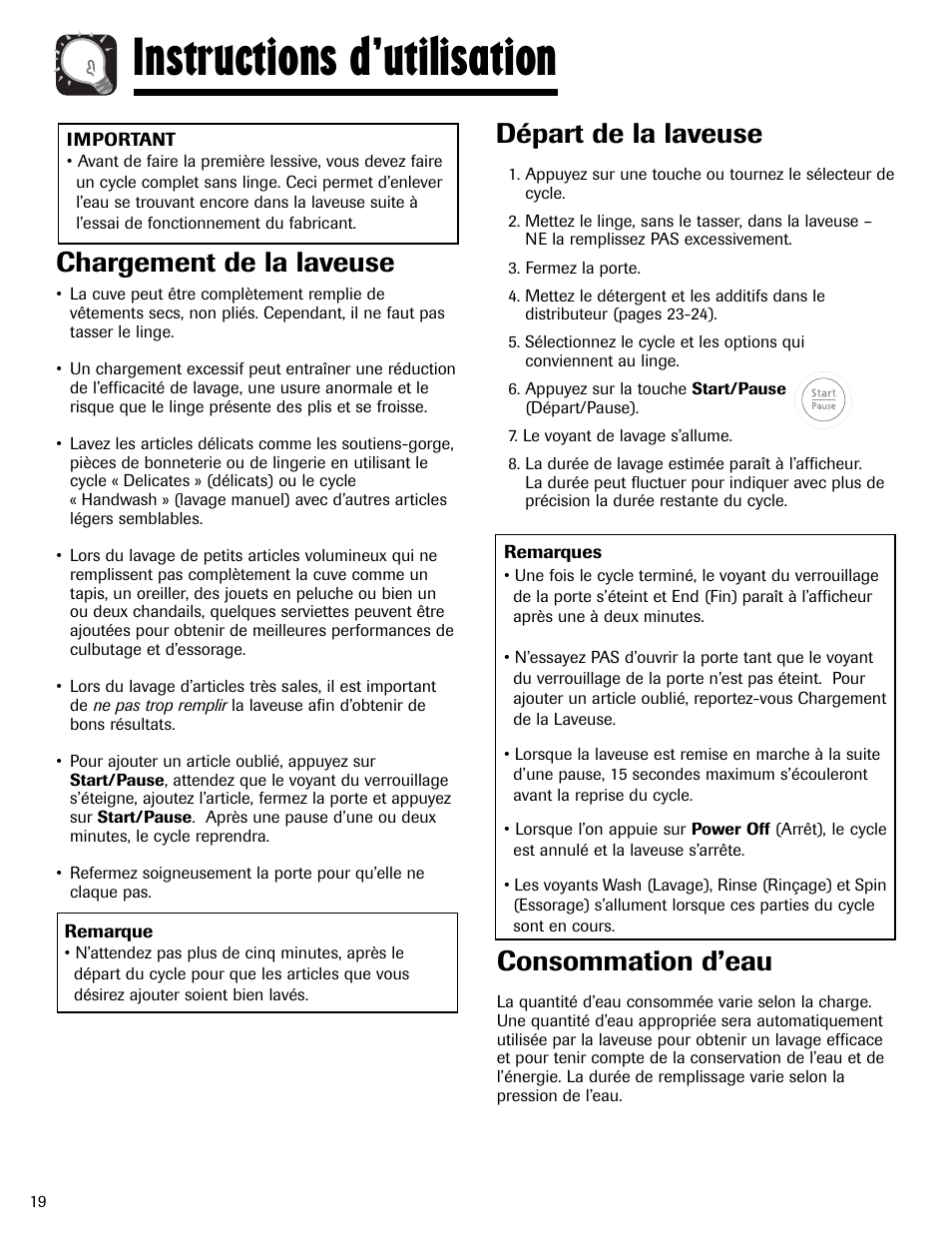 Instructions d’utilisation, Chargement de la laveuse, Départ de la laveuse | Consommation d’eau | Maytag MAH-24 User Manual | Page 20 / 48