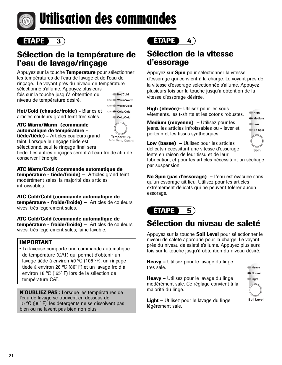 Utilisation des commandes, Sélection de la vitesse d’essorage, Sélection du niveau de saleté | Étape 5, Étape 3 étape 4 | Maytag MAH-24 User Manual | Page 22 / 48