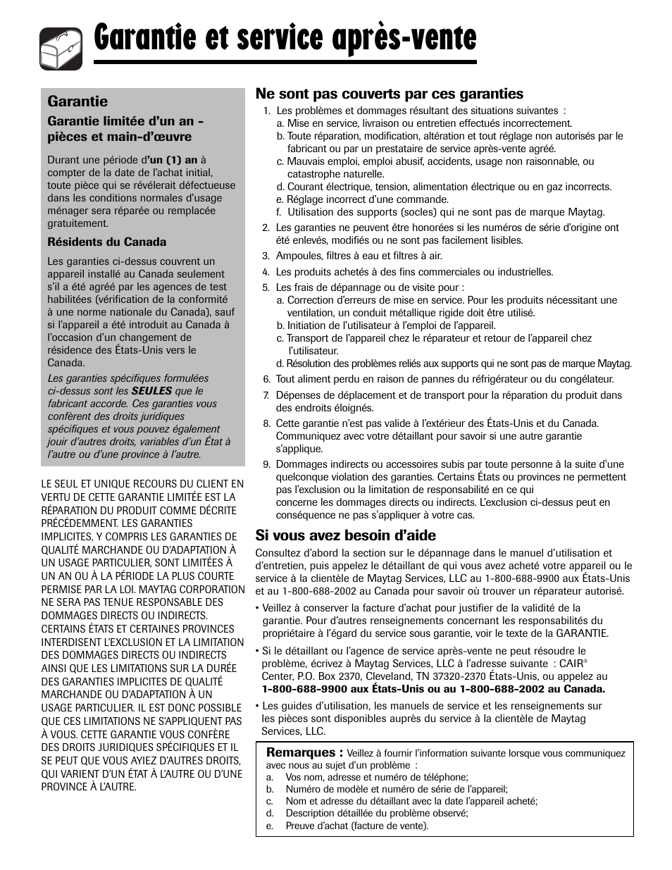 Garantie et service après-vente, Garantie, Ne sont pas couverts par ces garanties | Si vous avez besoin d’aide | Maytag MAH-24 User Manual | Page 32 / 48