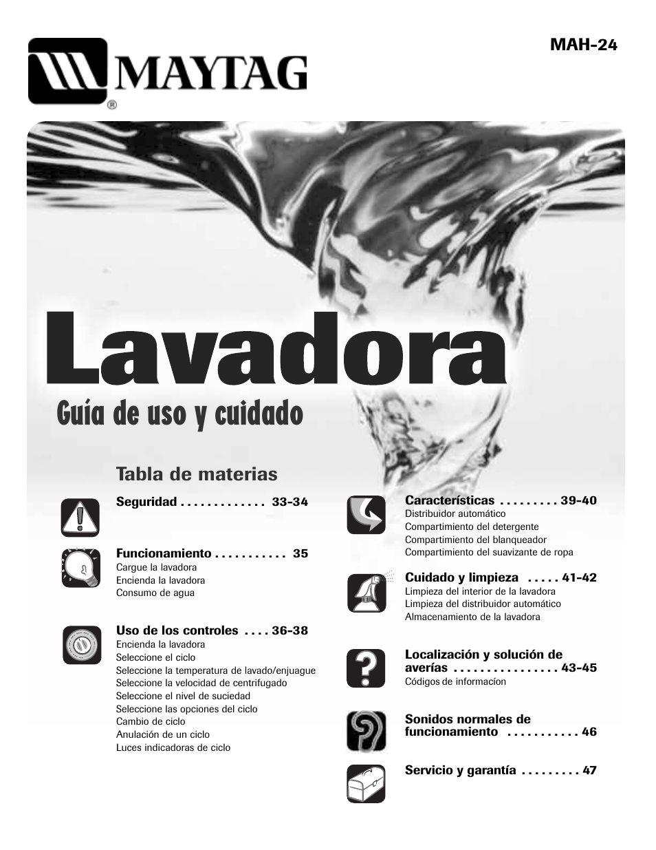 Guía de uso y cuidado, Tabla de materias, Mah-24 | Maytag MAH-24 User Manual | Page 33 / 48