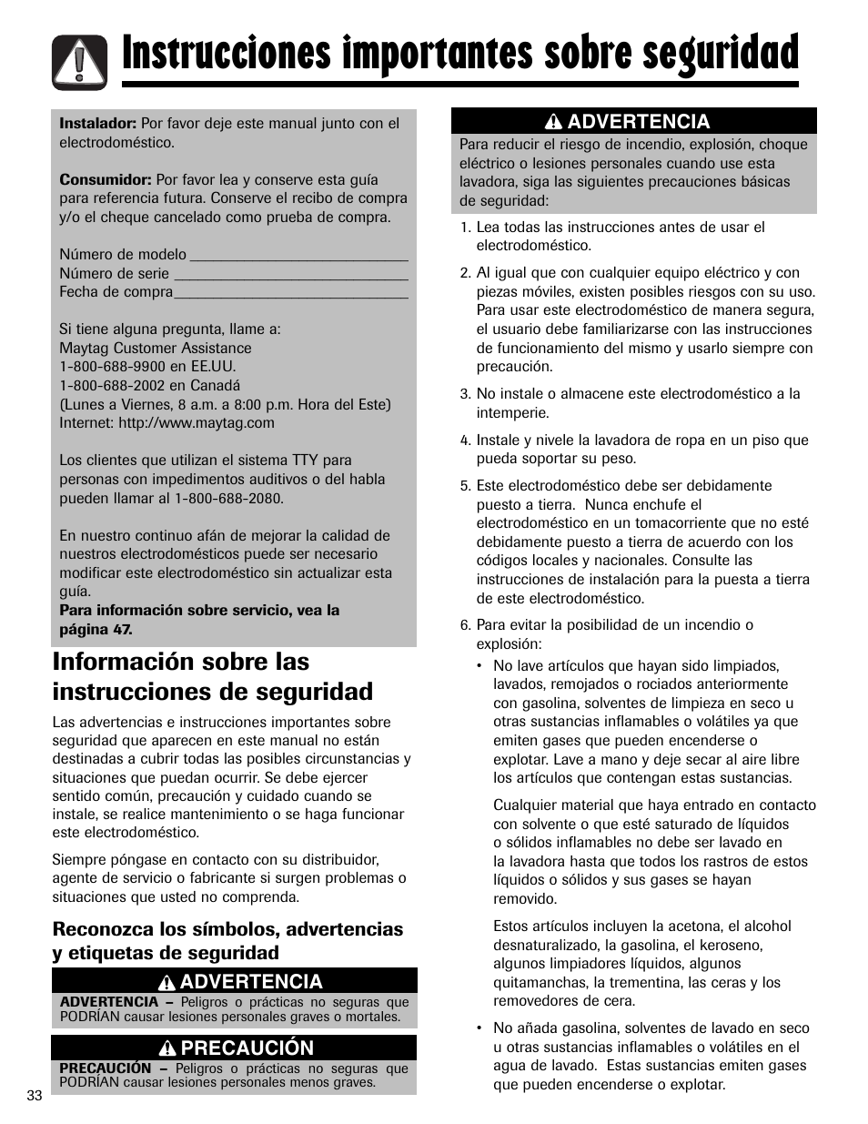 Instrucciones importantes sobre seguridad, Información sobre las instrucciones de seguridad | Maytag MAH-24 User Manual | Page 34 / 48