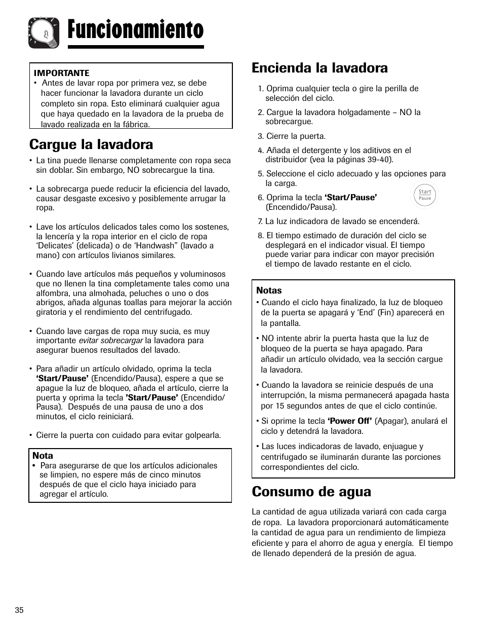 Funcionamiento, Cargue la lavadora, Encienda la lavadora | Consumo de agua | Maytag MAH-24 User Manual | Page 36 / 48