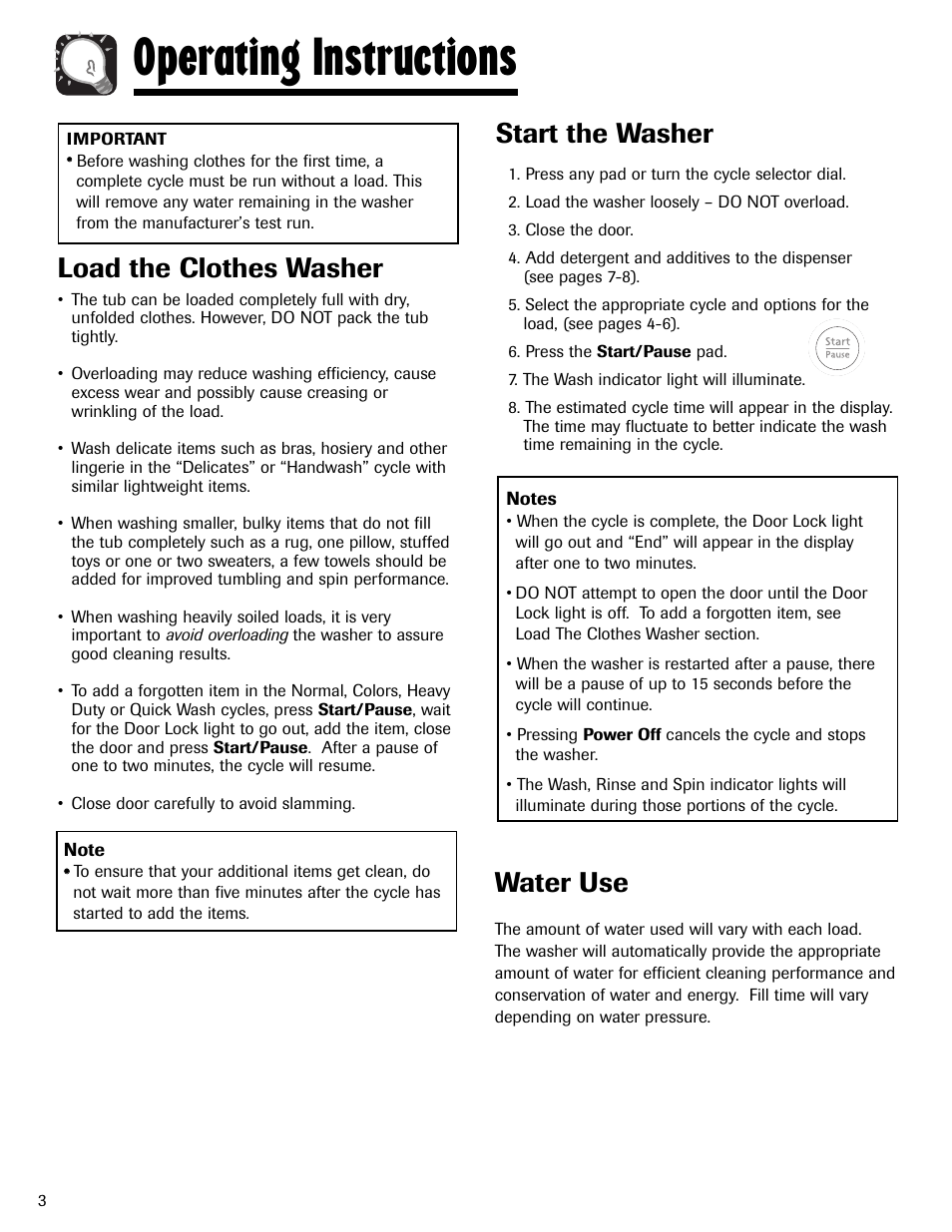 Operating instructions, Load the clothes washer, Start the washer | Water use | Maytag MAH-24 User Manual | Page 4 / 48