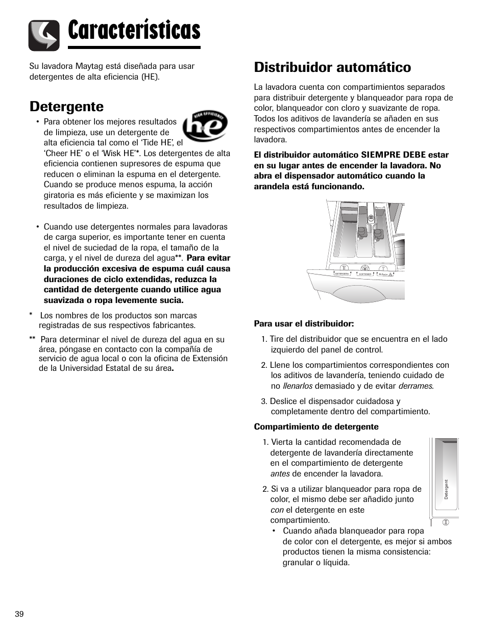 Características, Detergente, Distribuidor automático | Maytag MAH-24 User Manual | Page 40 / 48