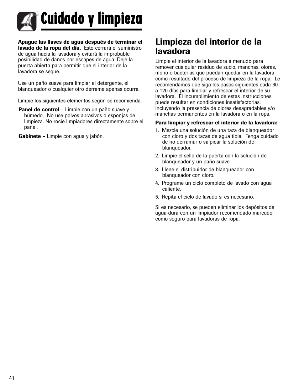 Cuidado y limpieza, Limpieza del interior de la lavadora | Maytag MAH-24 User Manual | Page 42 / 48