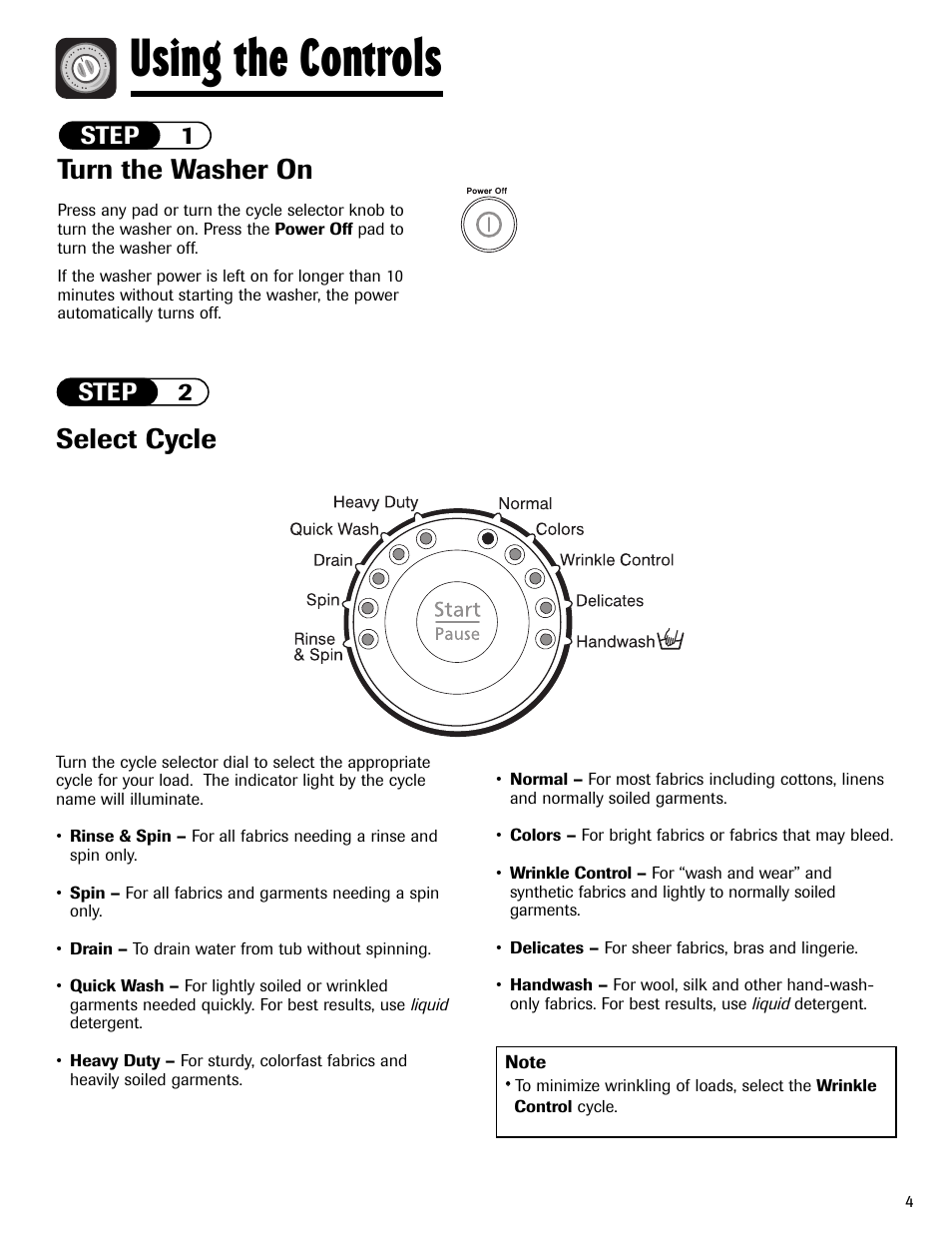 Using the controls, Select cycle, Turn the washer on | Step 1 step 2 | Maytag MAH-24 User Manual | Page 5 / 48
