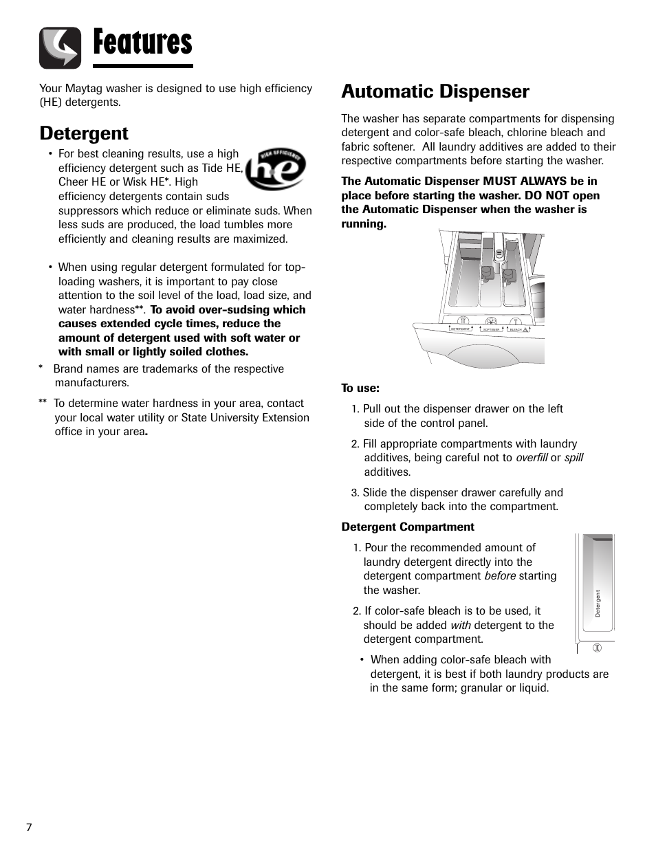 Features, Automatic dispenser, Detergent | Maytag MAH-24 User Manual | Page 8 / 48