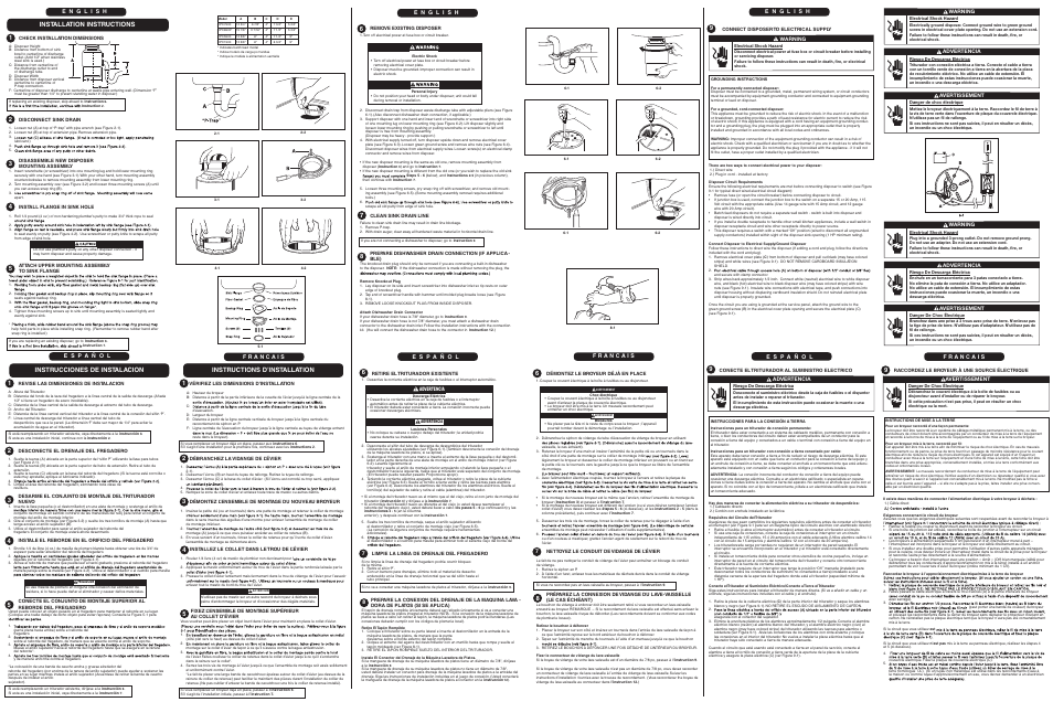 Installation instructions, Instructions d’installation, Advertencia | Warning, Avertissement, Remove existing disposer, Clean sink drain line, Check installation dimensions, Disconnect sink drain, Disassemble new disposer mounting assembly | Maytag DFC1500 User Manual | Page 2 / 2