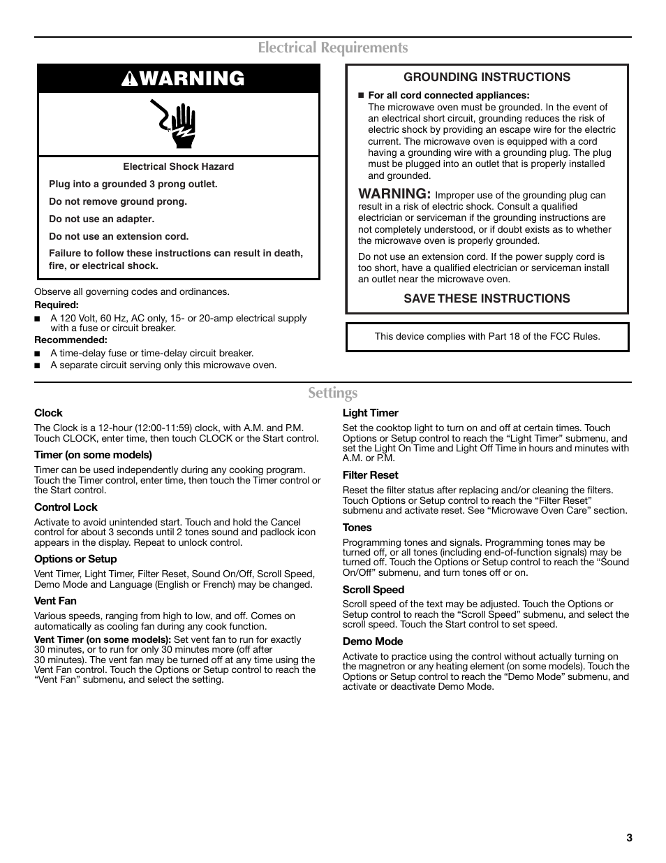 Warning, Electrical requirements, Settings | Maytag W10208080A User Manual | Page 3 / 8