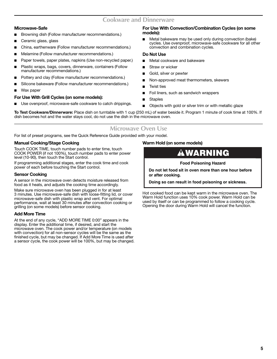 Warning, Cookware and dinnerware, Microwave oven use | Maytag W10208080A User Manual | Page 5 / 8