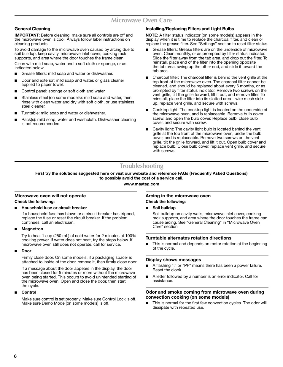 Microwave oven care, Troubleshooting | Maytag W10208080A User Manual | Page 6 / 8