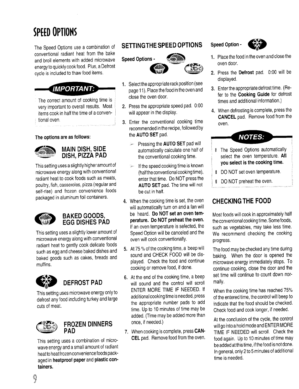 Main dish, side dish, pizza pad, Baked goods, Egg dishes pad | Defrost pad, Frozen dinners pad, Checking the food, Sphd optioks, Baked goods, egg dishes pad, Defrost pad settingthe speed options | Maytag ACCELLIS MER67 User Manual | Page 10 / 18