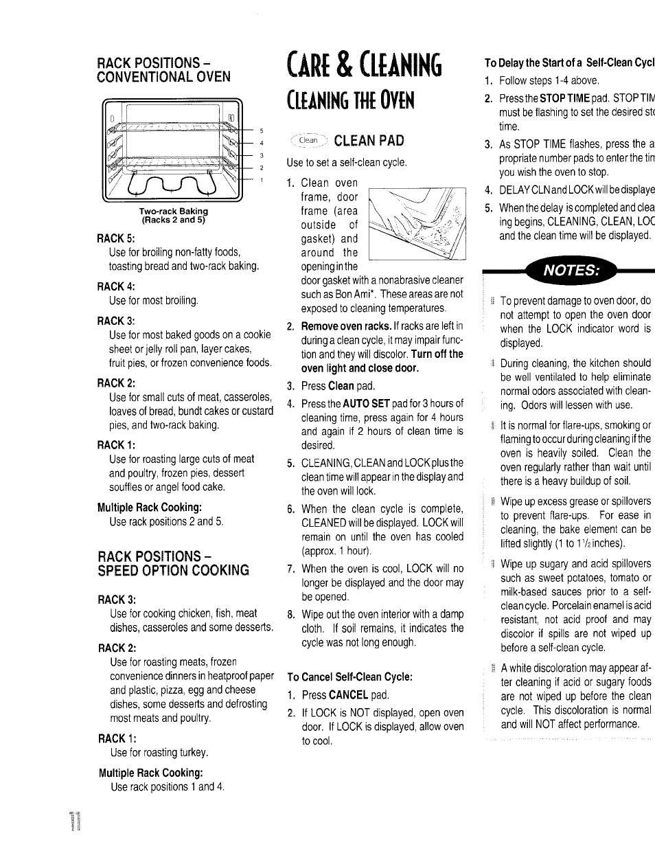 Rack positions- conventional oven, Rack 5, Rack 4 | Rack 3, Rack 2, Rack1, Rack positions- speed option cooking, Rack3, Ur( & (luming, Clean: clean pad | Maytag ACCELLIS MER67 User Manual | Page 12 / 18