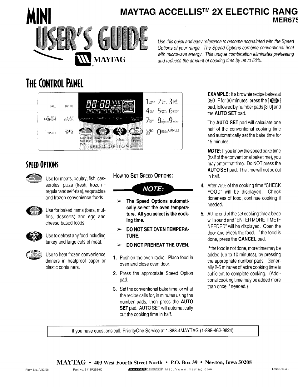 Maytag accellis™ 2x electric rang, Mer67s, Do not set oven temperature | Do not preheat the oven, M control, Sphd o, Ptions | Maytag ACCELLIS MER67 User Manual | Page 17 / 18