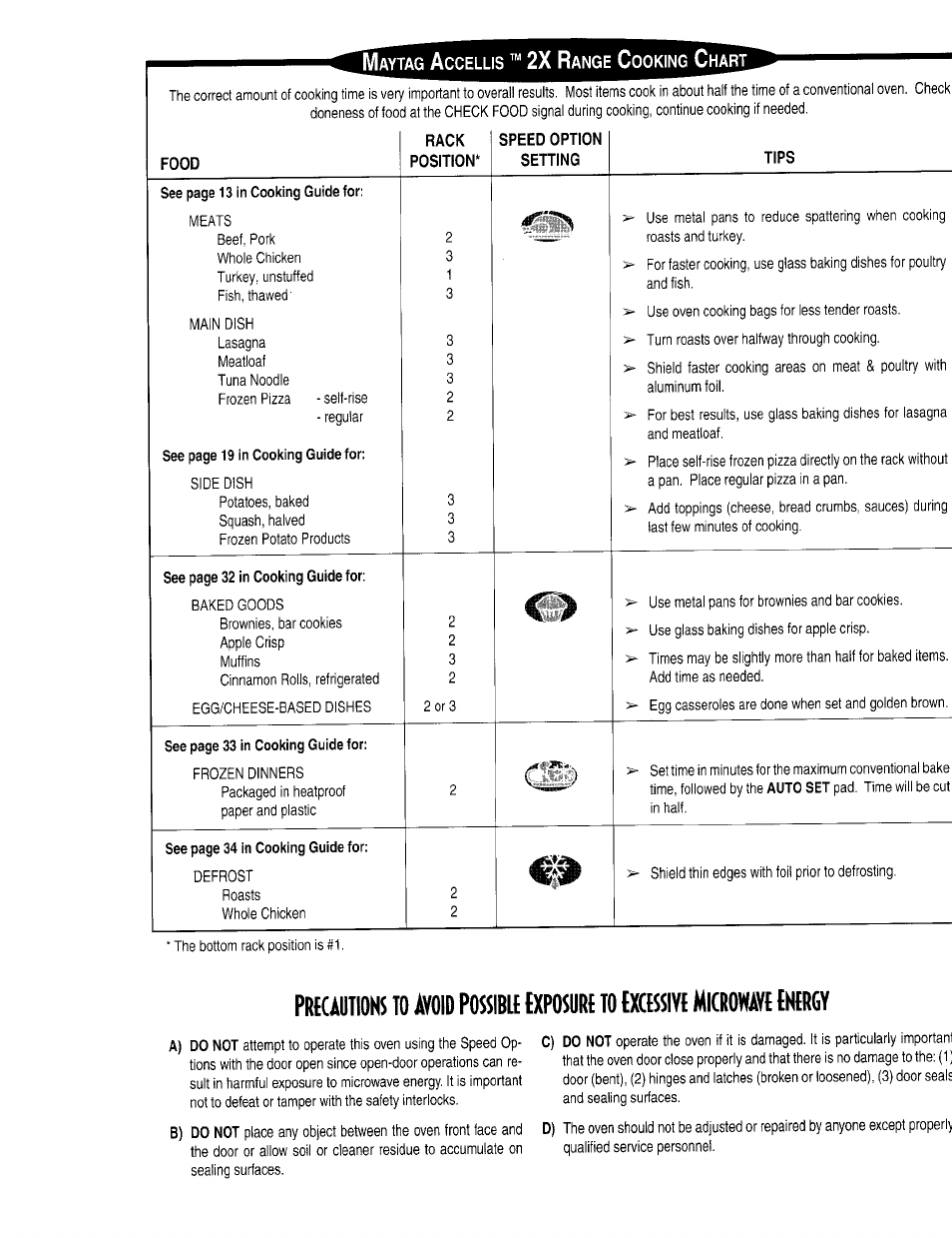 See page 19 in cooking guide for, See page 32 in cooking guide for, See page 33 in cooking guide for | Auto, See page 34 in cooking guide for, A) do not, Do not, B) do not, Possible, Exposure | Maytag ACCELLIS MER67 User Manual | Page 18 / 18
