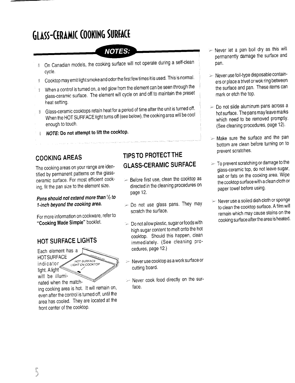 Cooking areas, Hot surface lights, Tips to protect the glass-ceramic surface | Glass-ceramic cookikgsurfact | Maytag ACCELLIS MER67 User Manual | Page 6 / 18