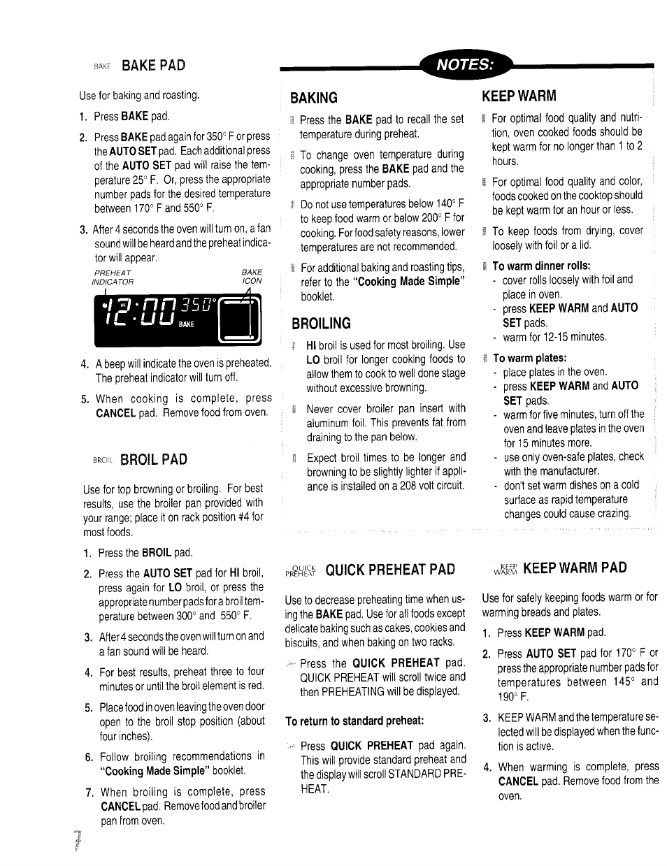 Bake pad, Bro broil pad, Baking | Broiling, Quick preheat pad, Keep warm, Keep warm pad, Baking i, Keep warm i | Maytag ACCELLIS MER67 User Manual | Page 8 / 18