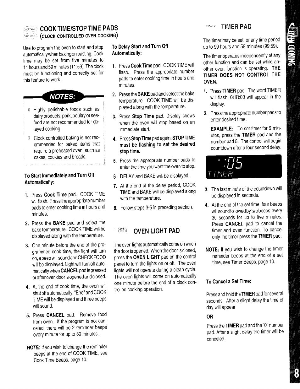 Timer pad, Oven light pad, Cook time/stop time pads | Maytag ACCELLIS MER67 User Manual | Page 9 / 18