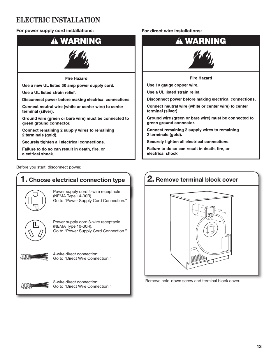 Electric installation | Maytag W10445417B User Manual | Page 13 / 28