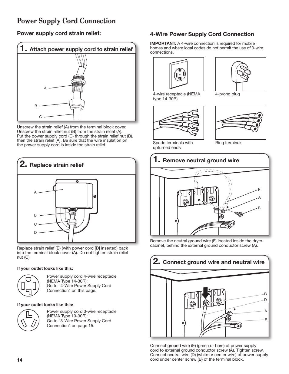 Power supply cord connection | Maytag W10445417B User Manual | Page 14 / 28