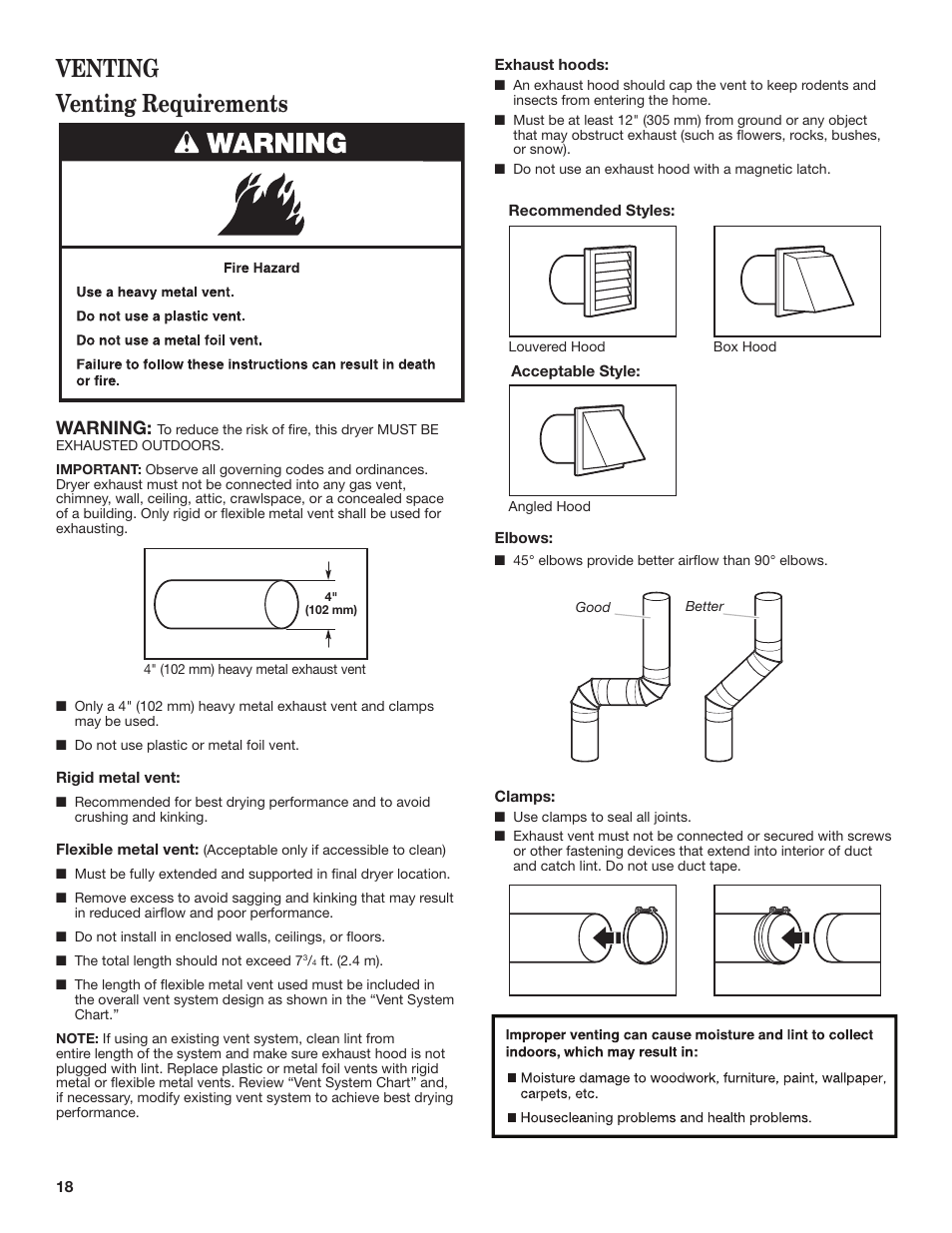 Venting requirements venting, Warning | Maytag W10445417B User Manual | Page 18 / 28