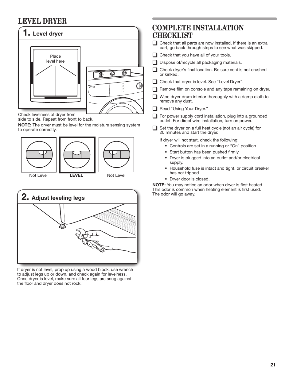 Level dryer, Complete installation checklist | Maytag W10445417B User Manual | Page 21 / 28