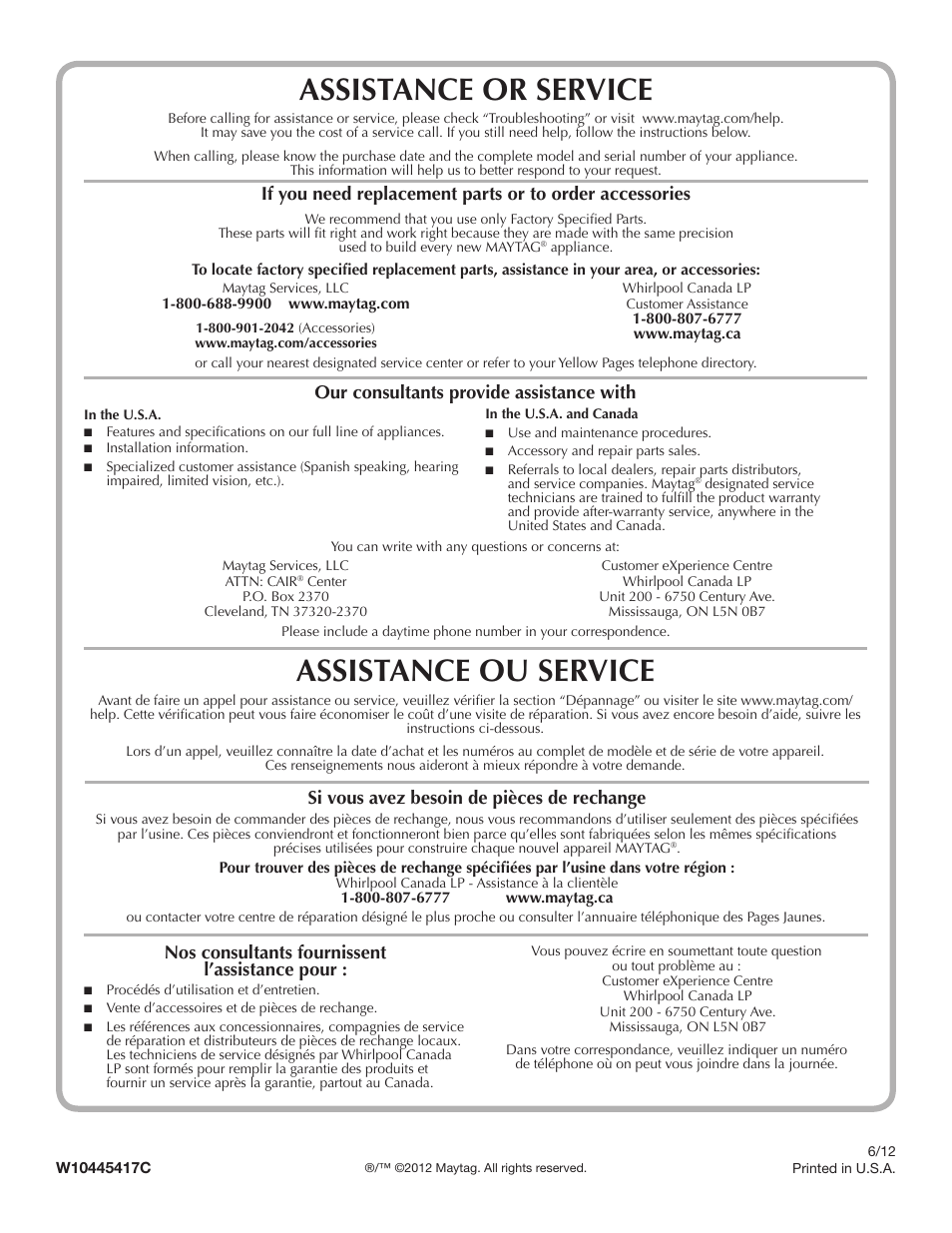 Assistance or service, Assistance ou service, Our consultants provide assistance with | Si vous avez besoin de pièces de rechange, Nos consultants fournissent l’assistance pour | Maytag W10445417B User Manual | Page 28 / 28