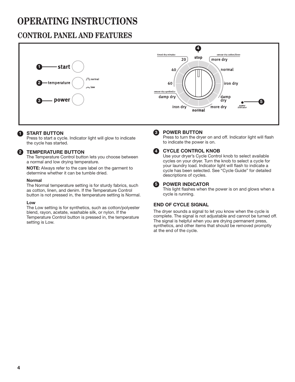 Operating instructions, Control panel and features | Maytag W10445417B User Manual | Page 4 / 28