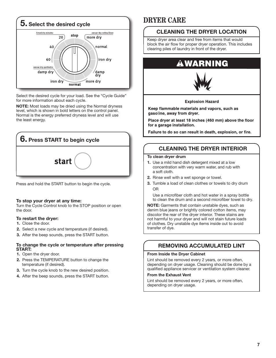 Dryer care | Maytag W10445417B User Manual | Page 7 / 28