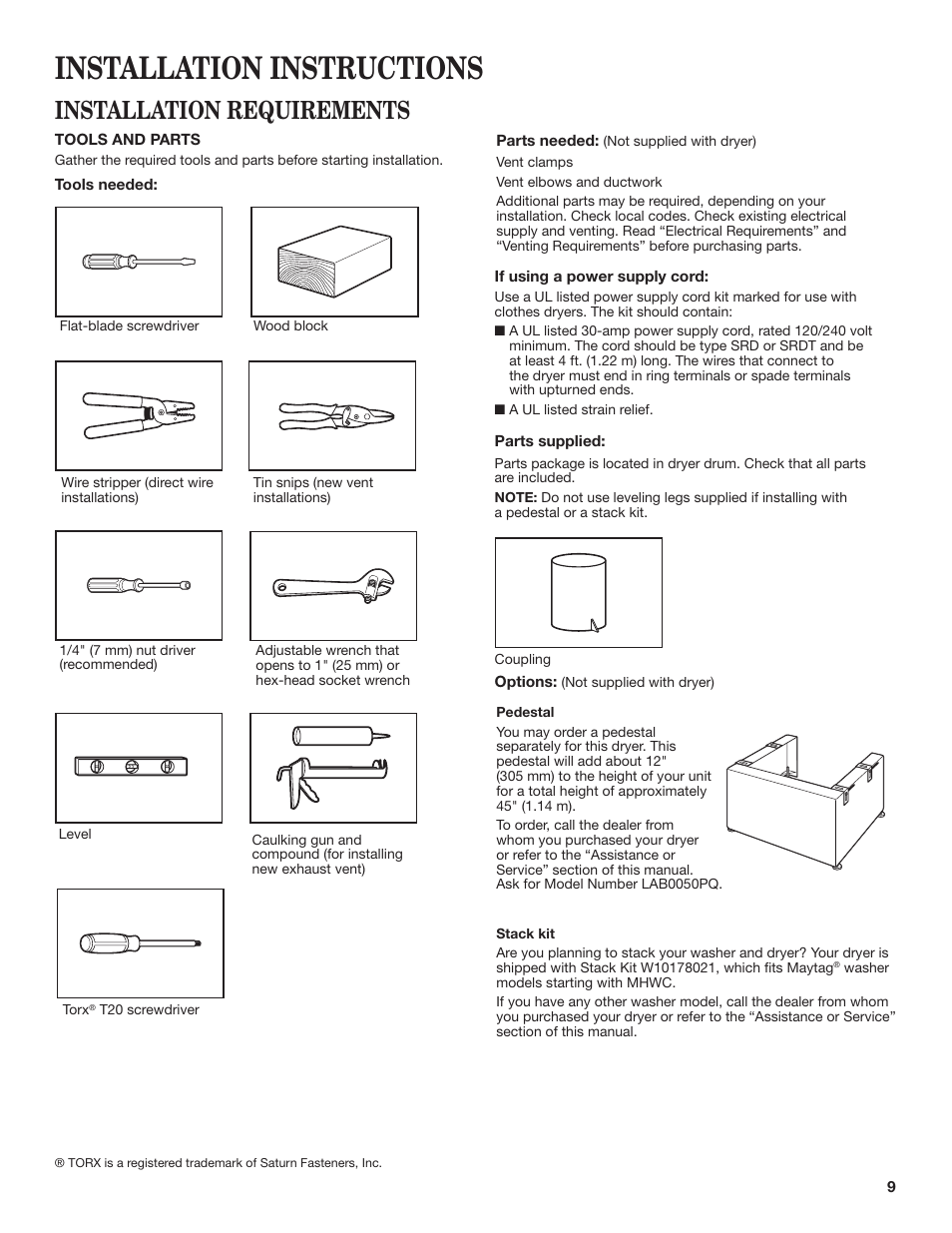 Installation instructions, Installation requirements | Maytag W10445417B User Manual | Page 9 / 28