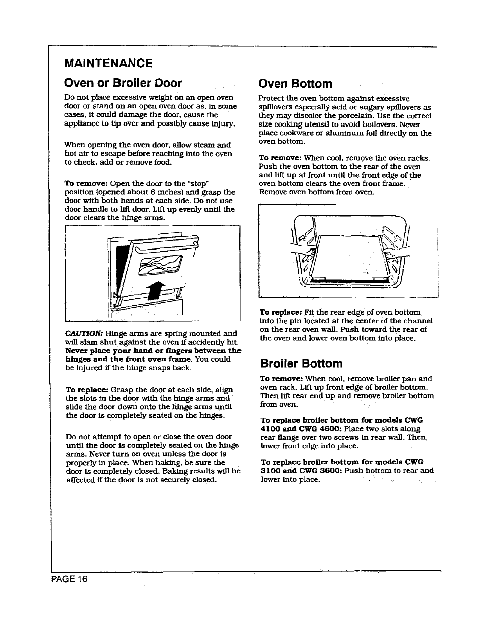 Maintenance oven or broiler door, Oven bottom, Broiler bottom | Maytag CWG3600 User Manual | Page 18 / 24