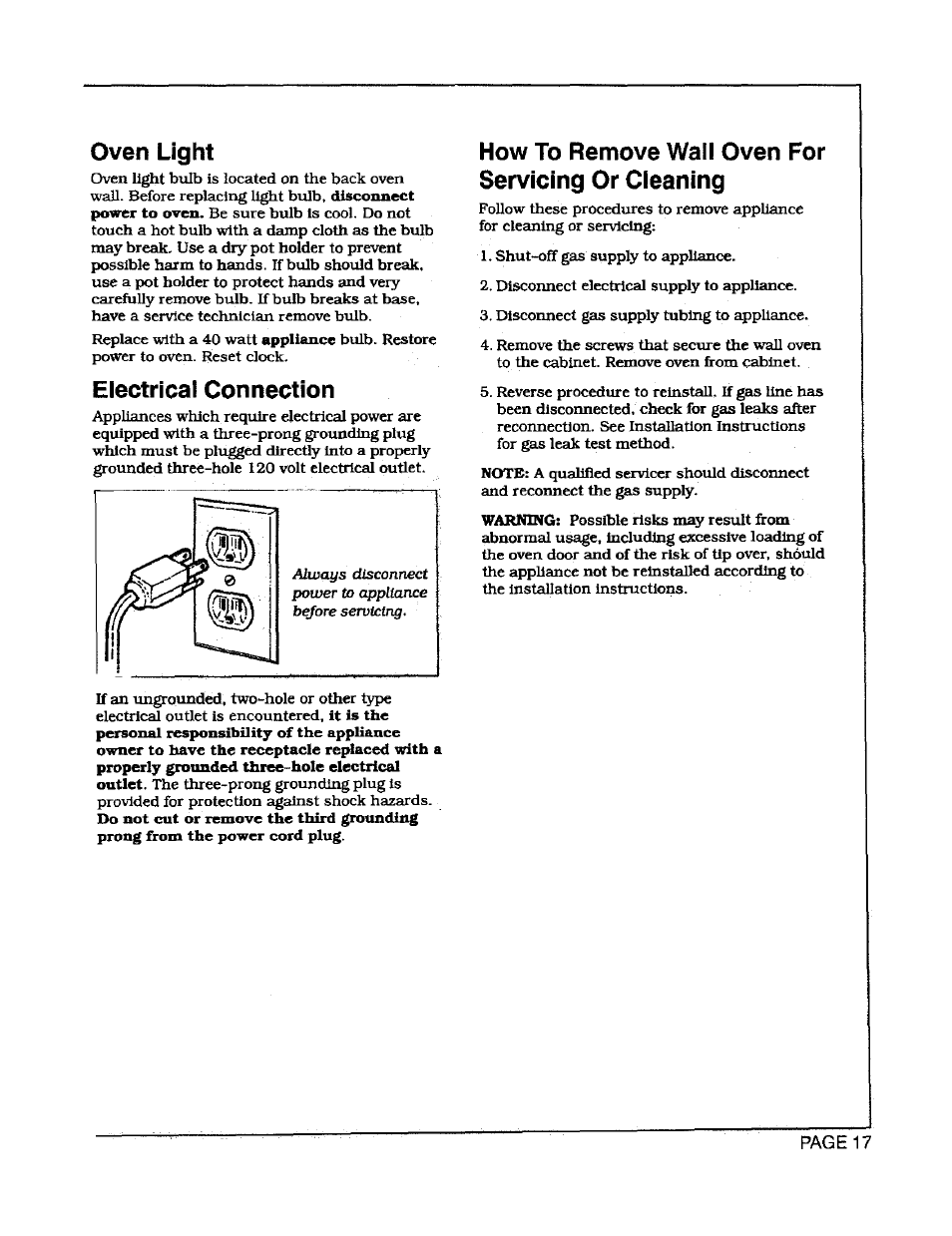 Oven light, Electrical connection, How to remove wall oven for servicing or cleaning | Maytag CWG3600 User Manual | Page 19 / 24