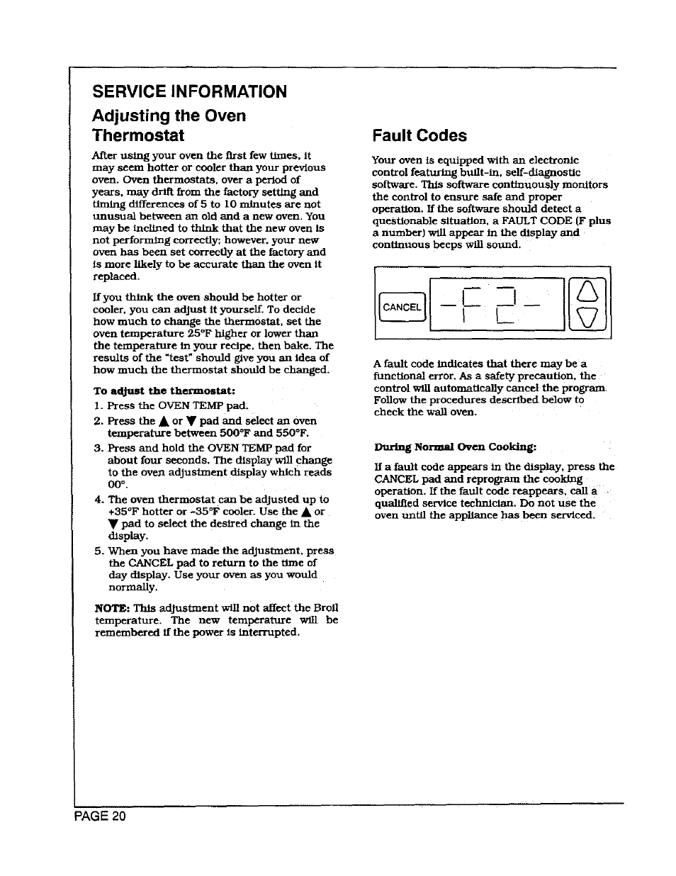 Service information adjusting the oven thermostat, Fault codes | Maytag CWG3600 User Manual | Page 22 / 24