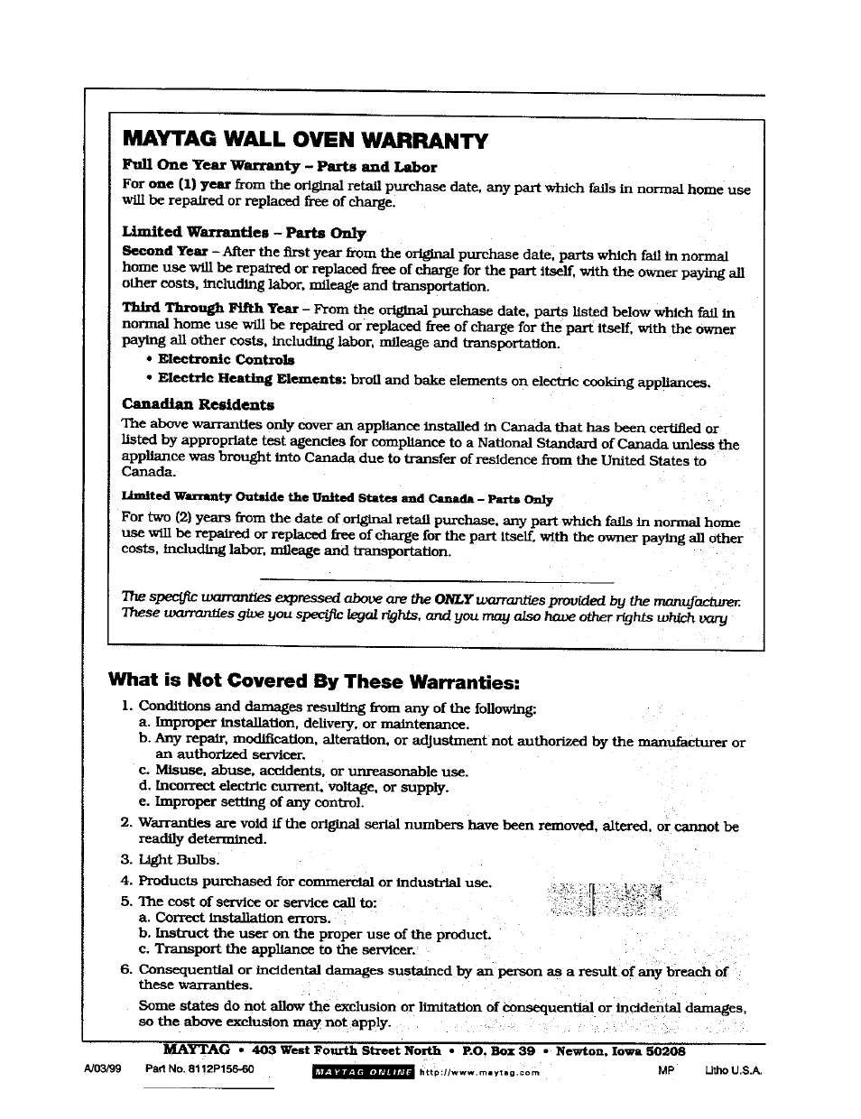 Maytag wall oven warranty, What is not covered by these warranties | Maytag CWG3600 User Manual | Page 24 / 24