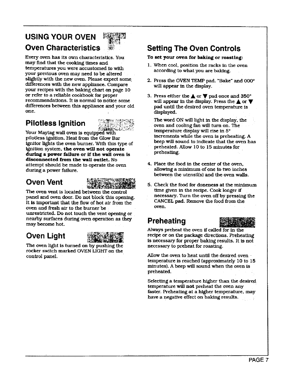 Oven characteristics, Oven vent, Oven light | Setting the oven controls, Preheating | Maytag CWG3600 User Manual | Page 9 / 24