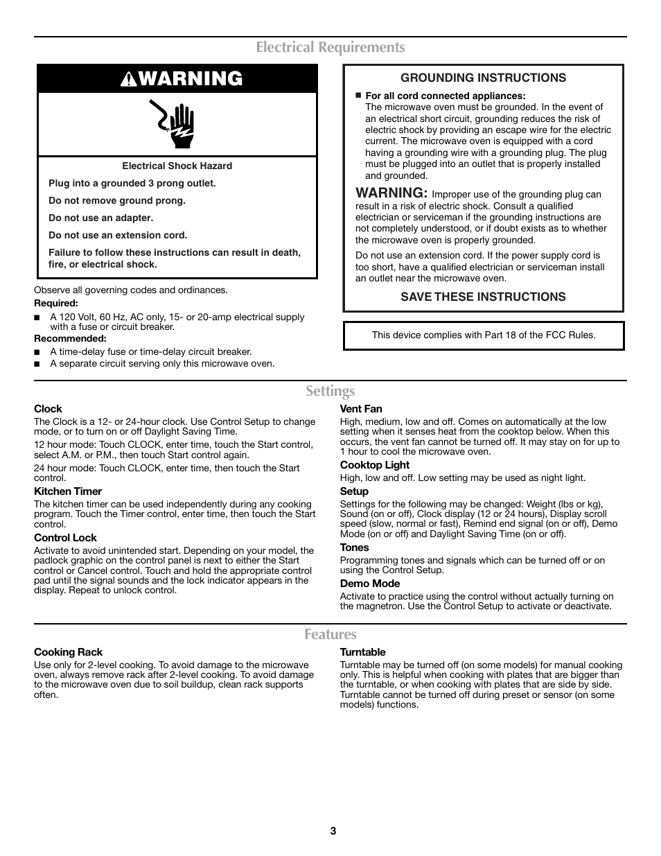 Warning, Electrical requirements, Settings | Features | Maytag W10188944A User Manual | Page 3 / 6