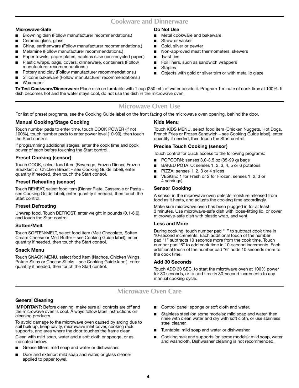 Cookware and dinnerware, Microwave oven use, Microwave oven care | Maytag W10188944A User Manual | Page 4 / 6