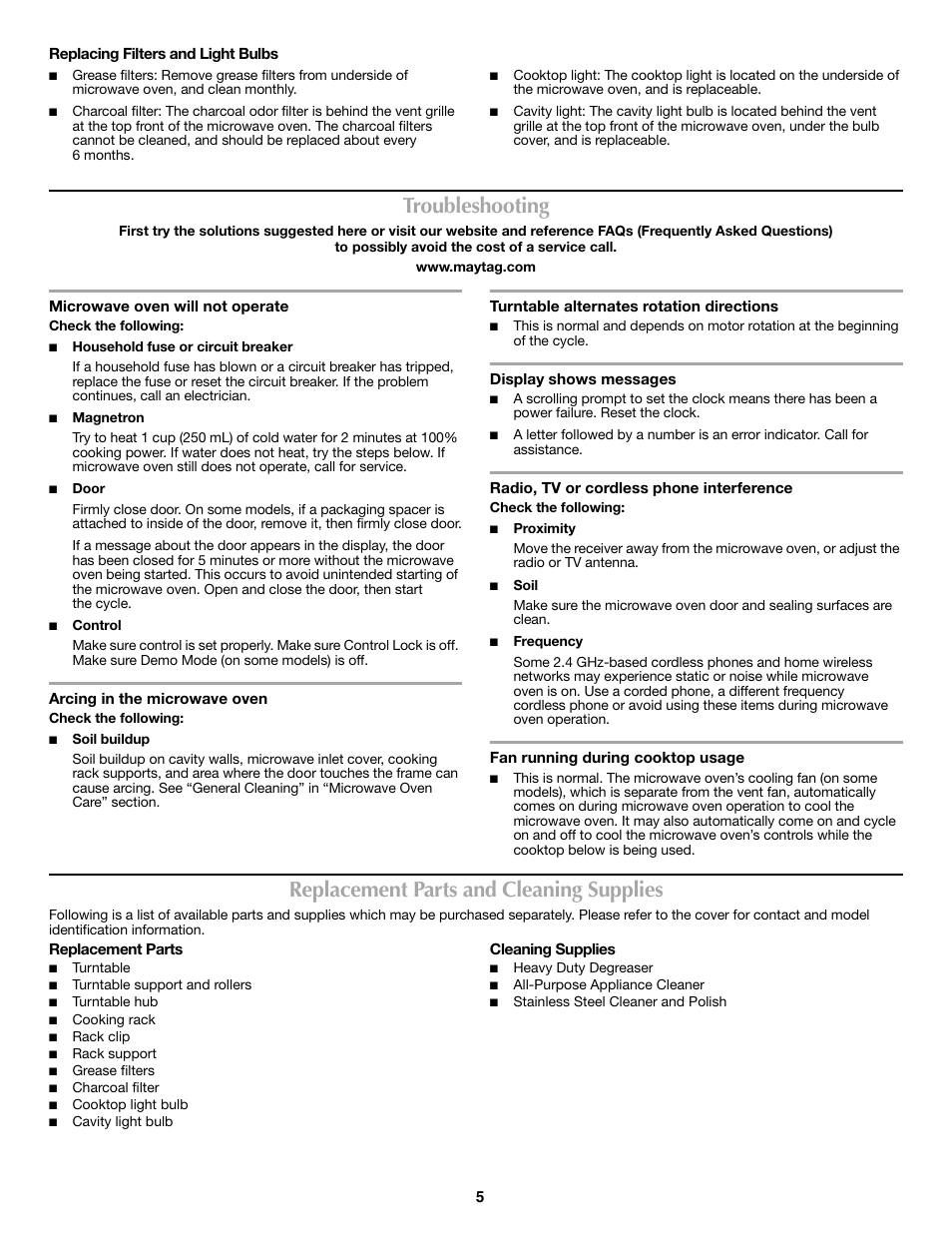 Troubleshooting, Replacement parts and cleaning supplies | Maytag W10188944A User Manual | Page 5 / 6