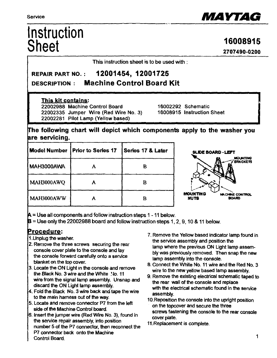 Instruction sheet, Maytag, Machine control board | Maytag 12001725 User Manual | Page 2 / 2