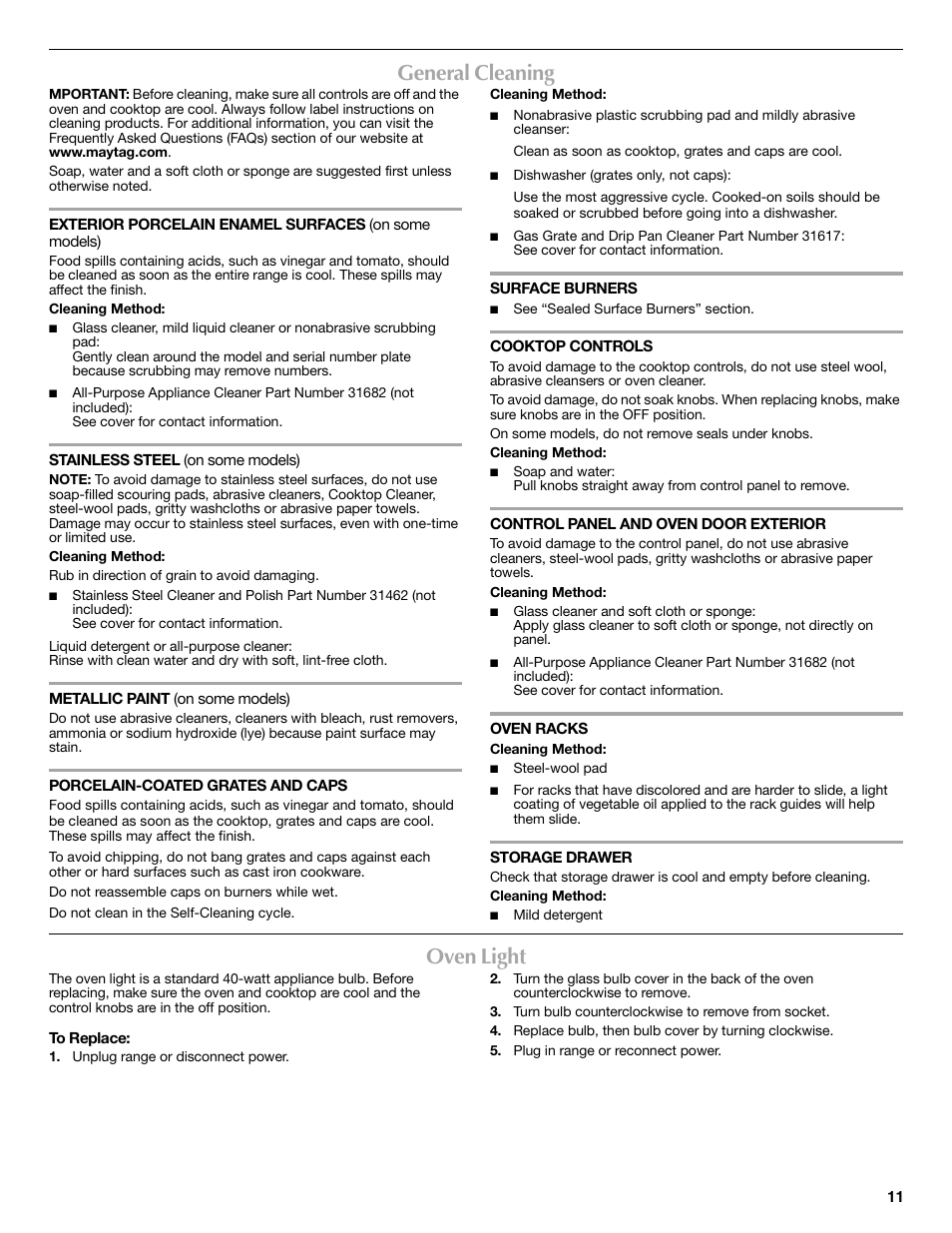 General cleaning, Oven light | Maytag W10269530A User Manual | Page 11 / 16