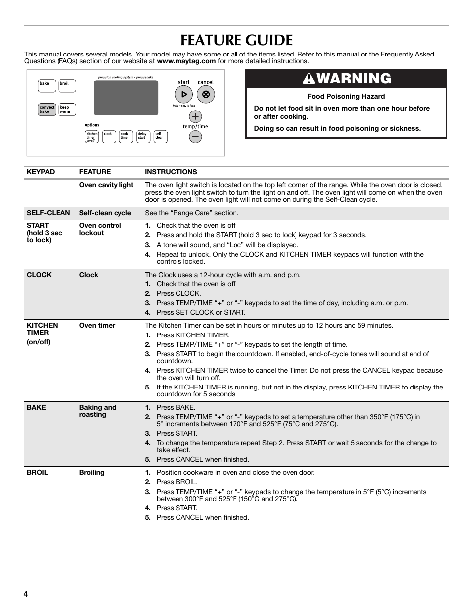 Feature guide, Warning | Maytag W10269530A User Manual | Page 4 / 16